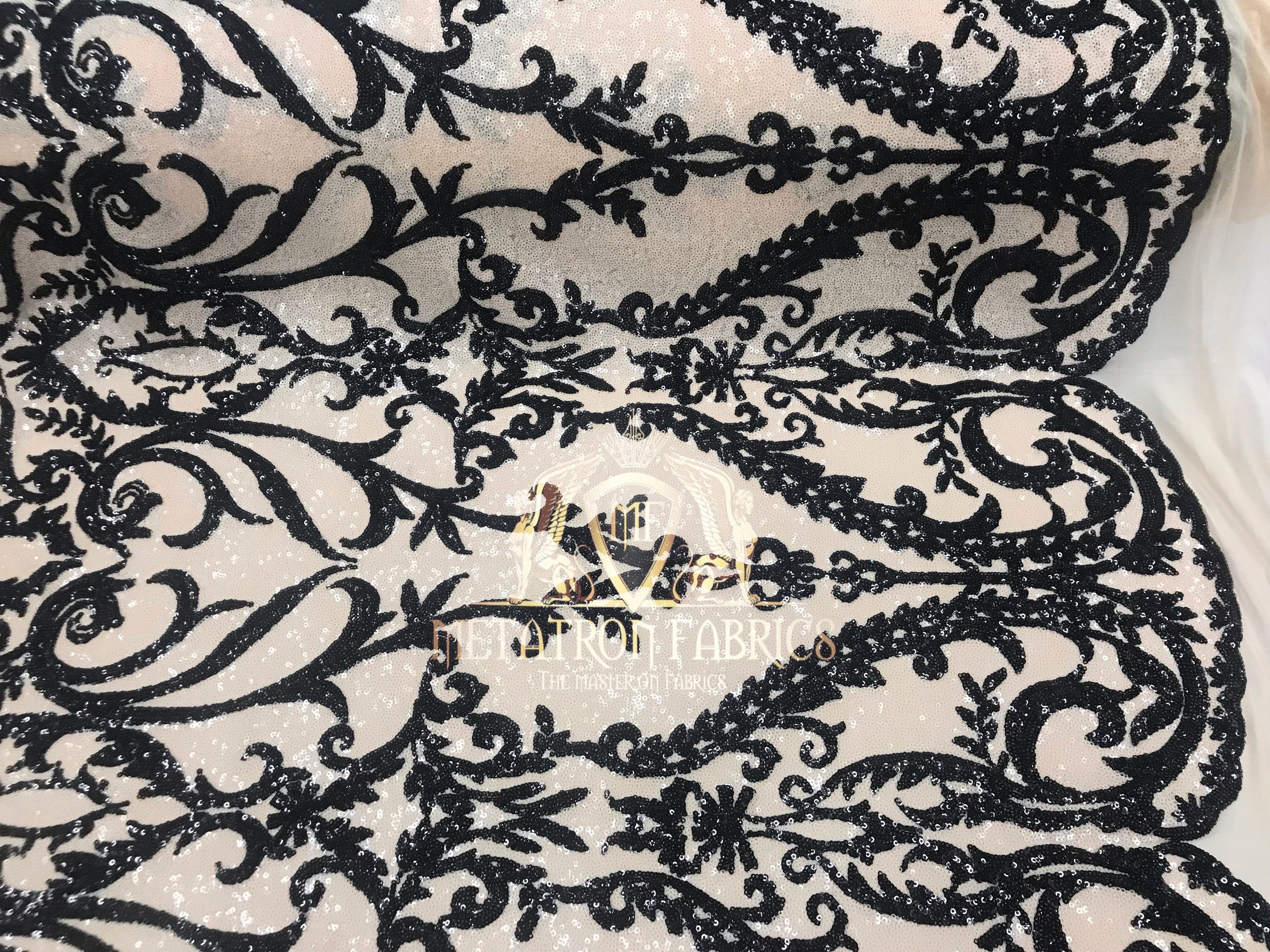 Two Tone Sequins - Nude / Black - 4 Way Stretch Fancy Sequins Design Mesh Fabric Sold By The Yard