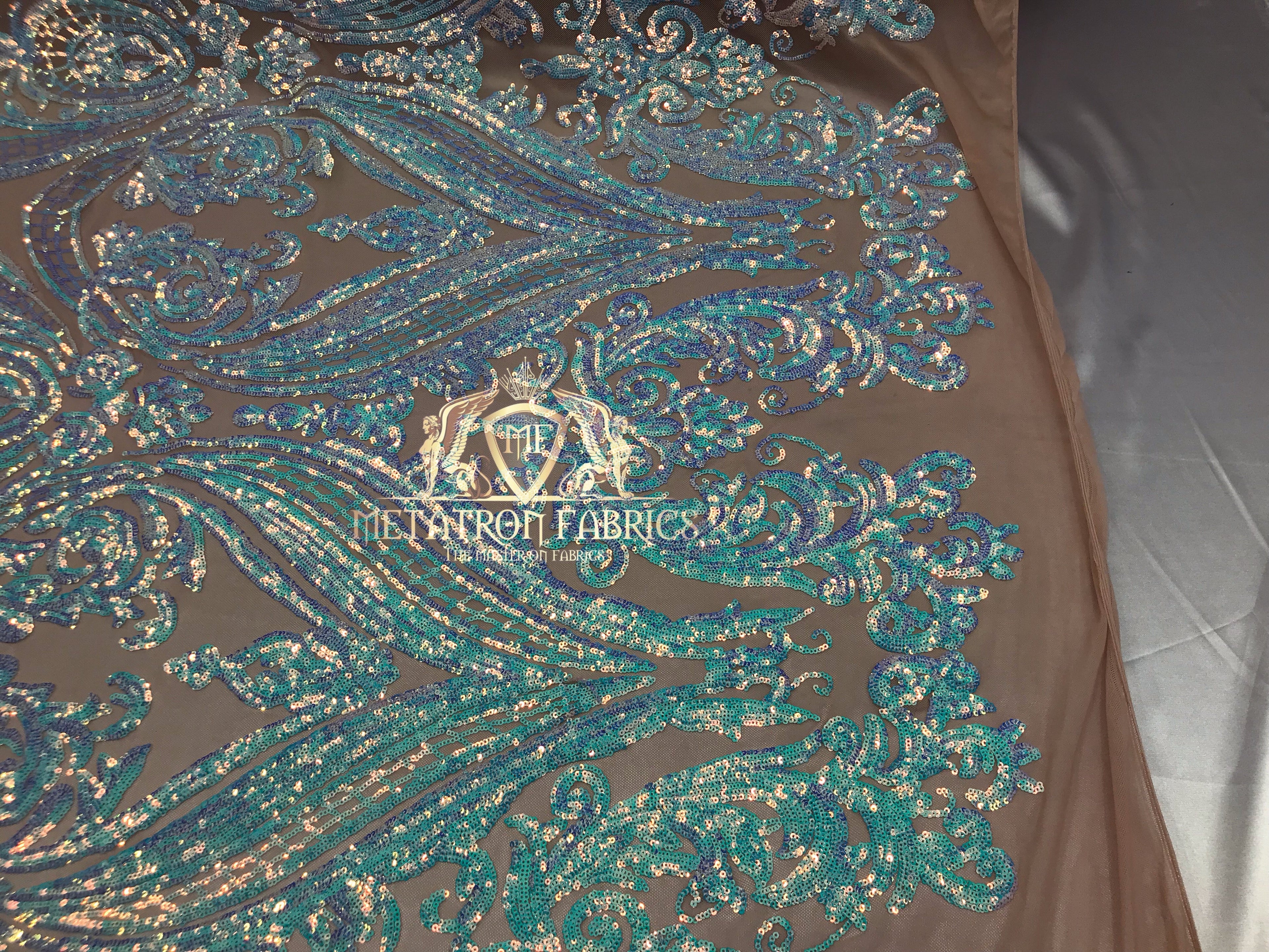 Big Damask Sequins Fabric - Iridescent Aqua - 4 Way Stretch Damask Sequins Design Fabric By Yard