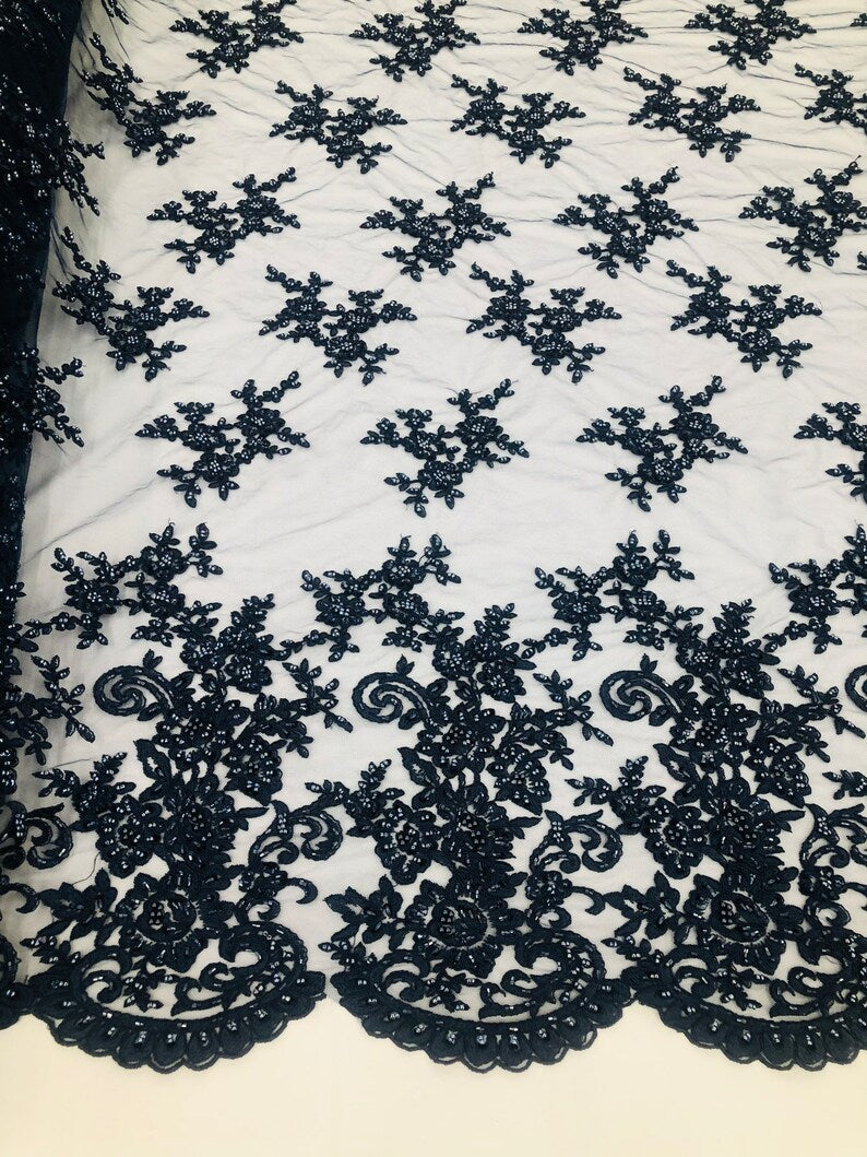 Navy Blue Beaded Bridal Lace, Sold By The Yard Embroidered Floral Wedding Beaded Fabric with Sequin