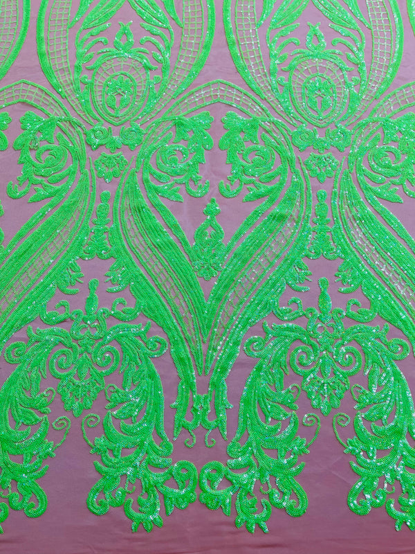 Big Damask Sequins Fabric - Neon Green on Dark Nude - 4 Way Stretch Damask Sequins Design Fabric By Yard
