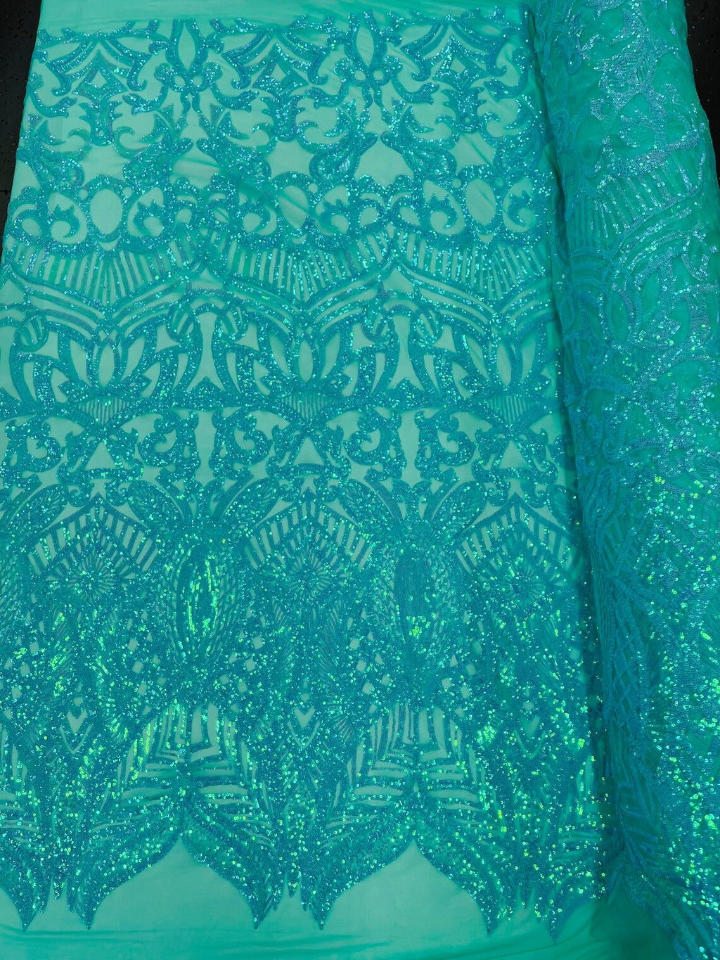 New Mint Iridescent - 4 Way Stretch Embroidered Royalty Sequins Design Fabric By Yard