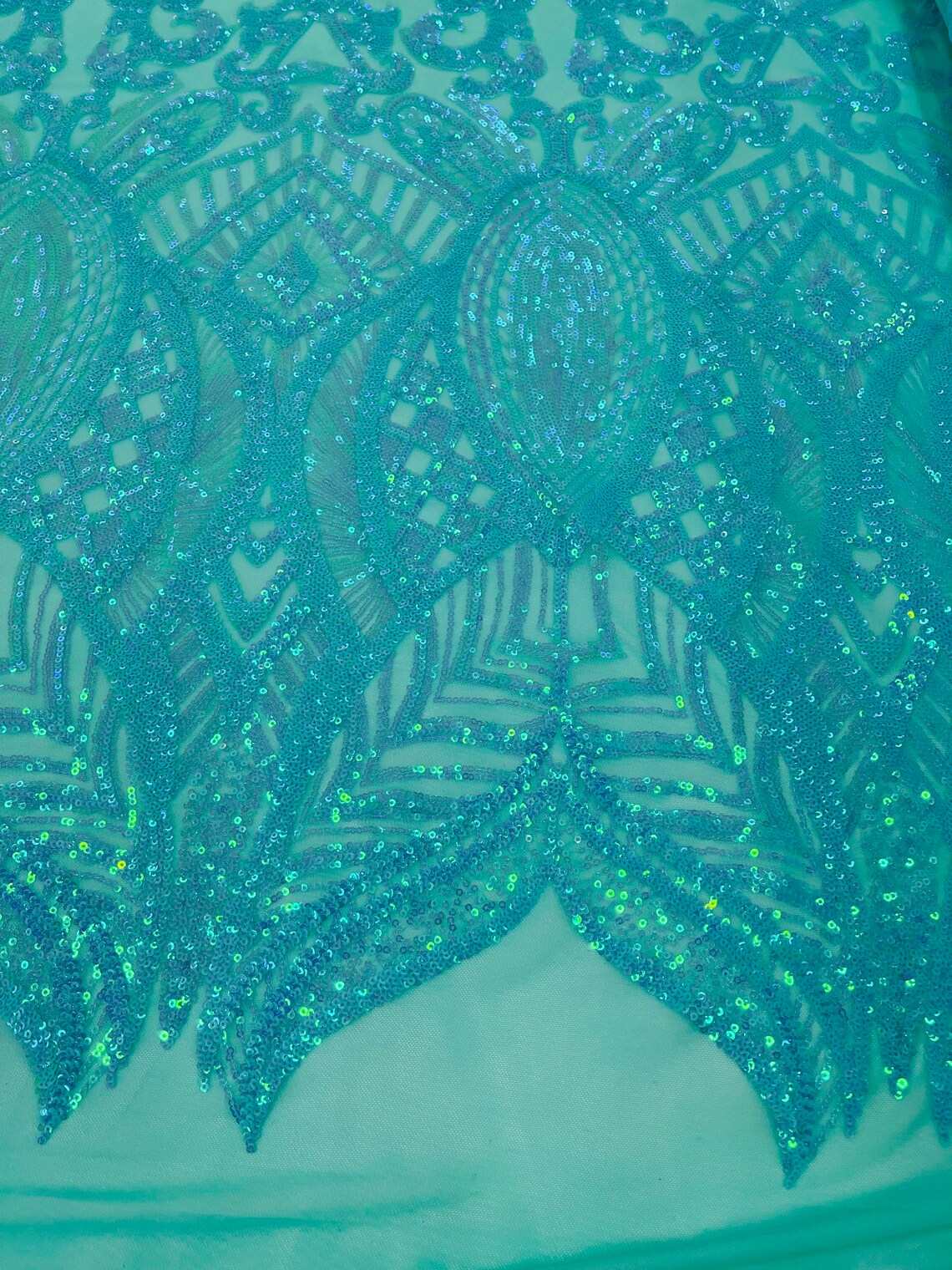 New Mint Iridescent - 4 Way Stretch Embroidered Royalty Sequins Design Fabric By Yard