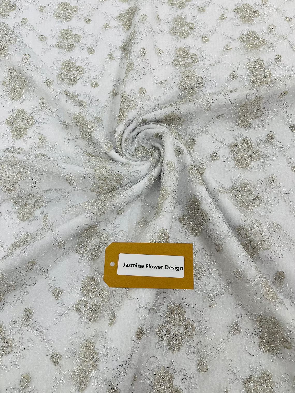 Embroidered Flower Fabric - Off-White / Silver - Floral Design Scalloped Border Fabric By Yard