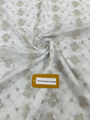 Embroidered Flower Fabric - Off-White / Silver - Floral Design Scalloped Border Fabric By Yard