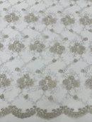 Embroidered Flower Fabric - Off-White / Silver - Floral Design Scalloped Border Fabric By Yard