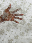 Embroidered Flower Fabric - Off-White / Silver - Floral Design Scalloped Border Fabric By Yard