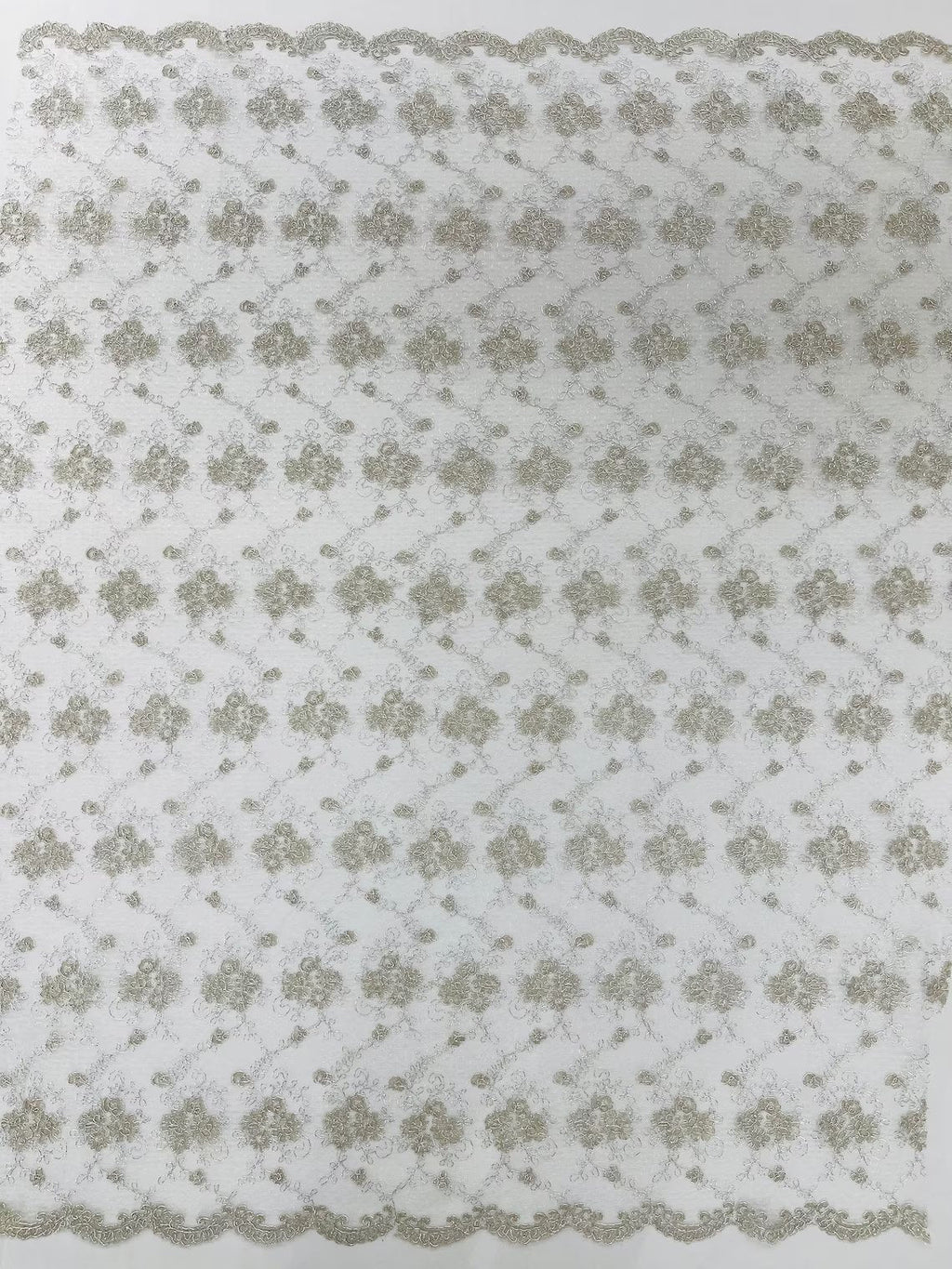 Embroidered Flower Fabric - Off-White / Silver - Floral Design Scalloped Border Fabric By Yard