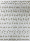 Embroidered Flower Fabric - Off-White / Silver - Floral Design Scalloped Border Fabric By Yard