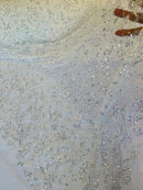 Beaded Floral Plant Design - Off-White - Embroidered Beaded Flower Plants Sequins Fabric By Yard