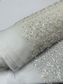 Small Beaded Flower Pearl Fabric - Off-White - Pearls and Beads Embroidered Fabric By Yard