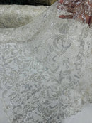 Beaded Flower Leaf Fabric - Off-White - Shiny Beads and Sequins in Flower Design on Lace by Yard