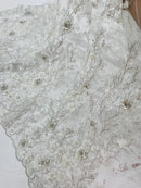 3D Flower Rhinestone Design - Off-White - Embroidered Flower Sequins Lace Fabric By Yard