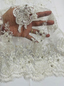 Rhinestone Beaded Fabric - Off-White - Beaded Floral Rhinestone Design with Fancy Border Sold By Yard