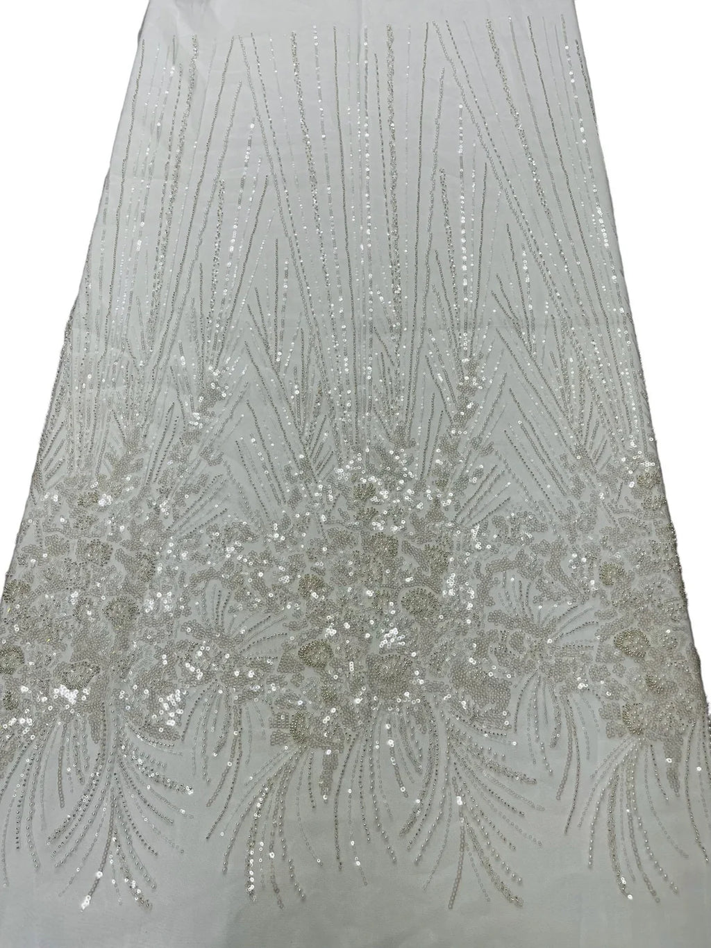 Beaded Floral Line Fabric - Off-White - Beaded Embroidered Lines and Flowers on Mesh By Yard
