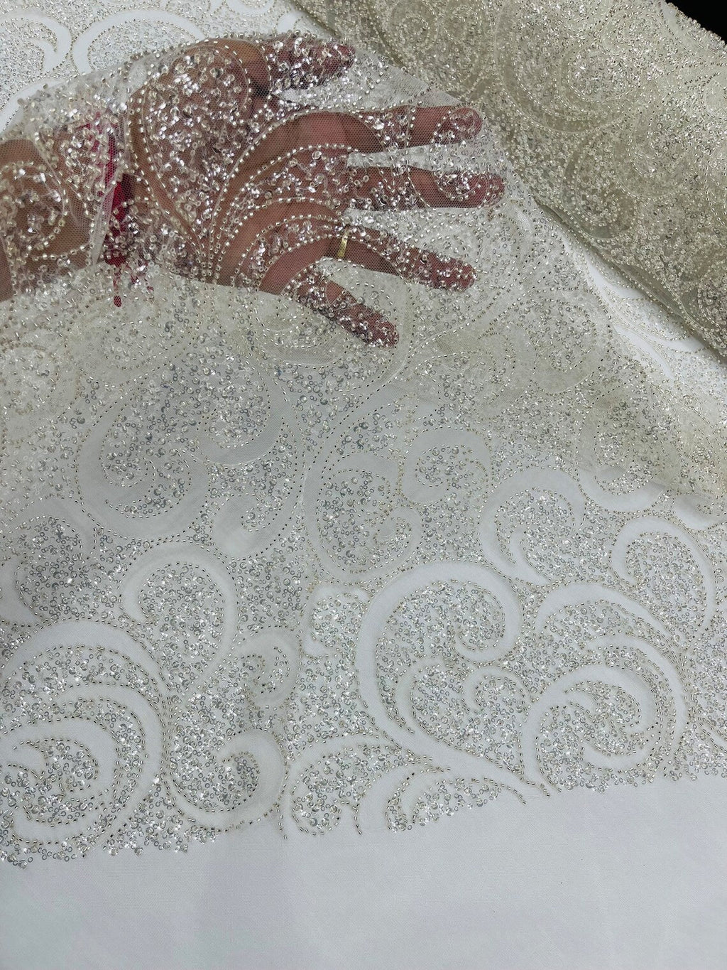 Beaded Swirl Design Fabric - Off-White - Swirl Design with Beads and Sequins on Lace by Yard