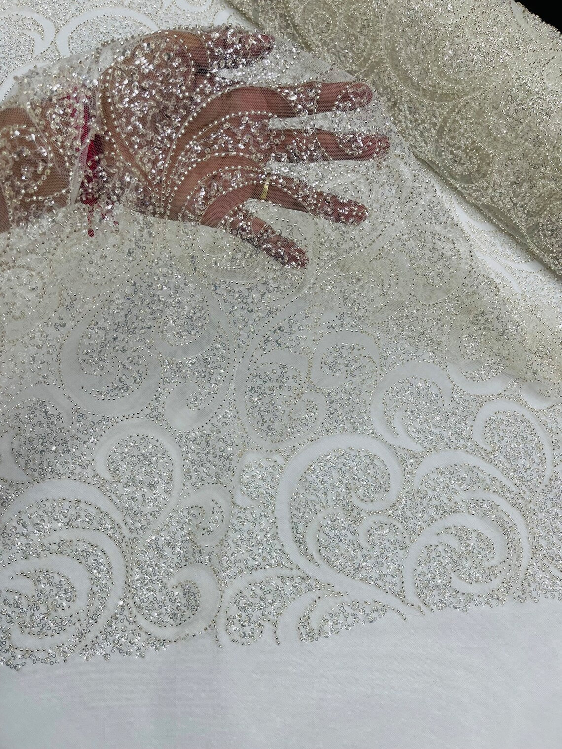 Beaded Swirl Design Fabric - Off-White - Swirl Design with Beads and Sequins on Lace by Yard