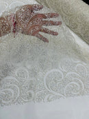 Beaded Swirl Design Fabric - Off-White - Swirl Design with Beads and Sequins on Lace by Yard