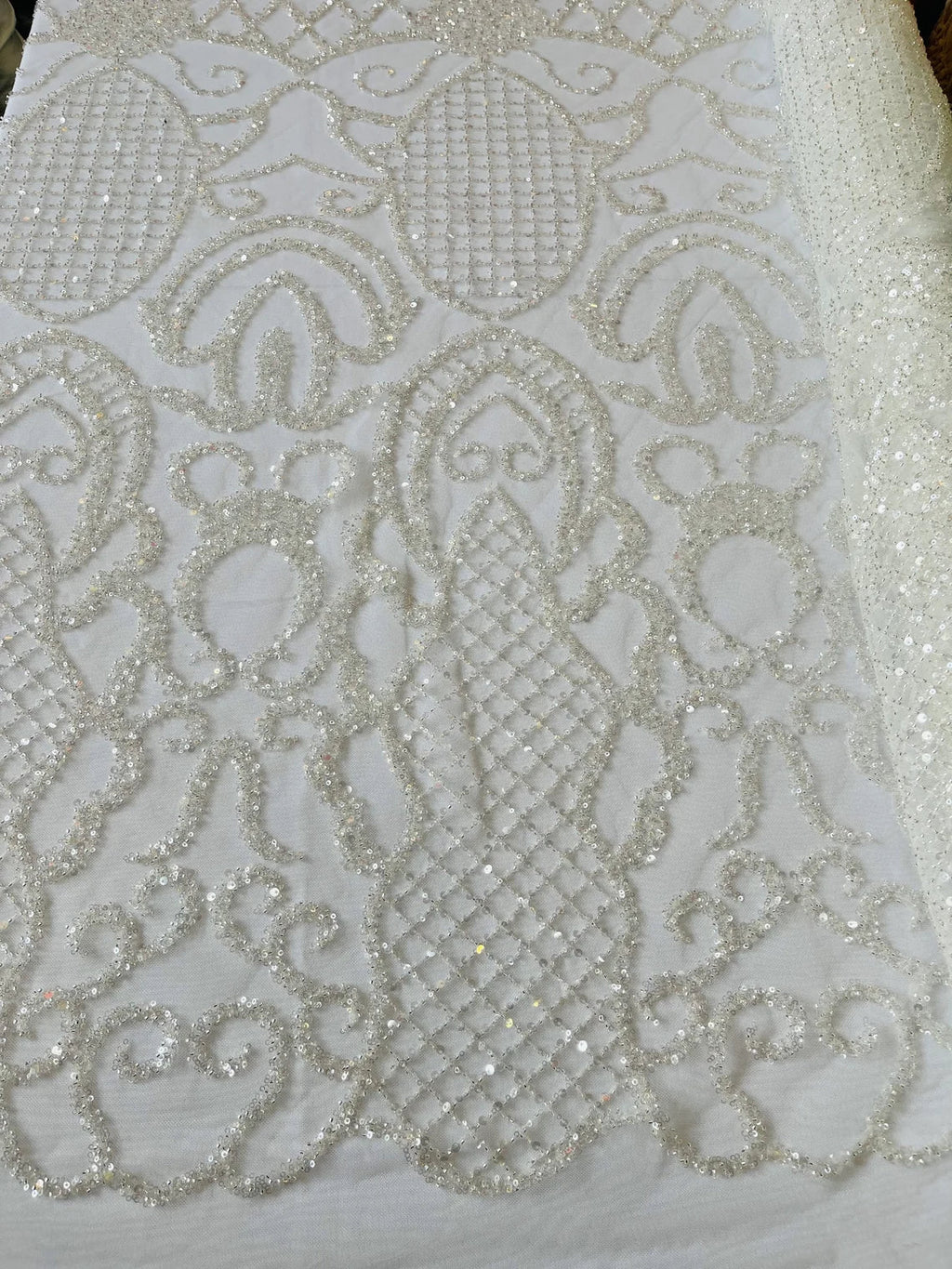 Beaded Fashion Design Fabric - Off-White - Beaded Embroidered Damask Style Fabric on Mesh By Yard