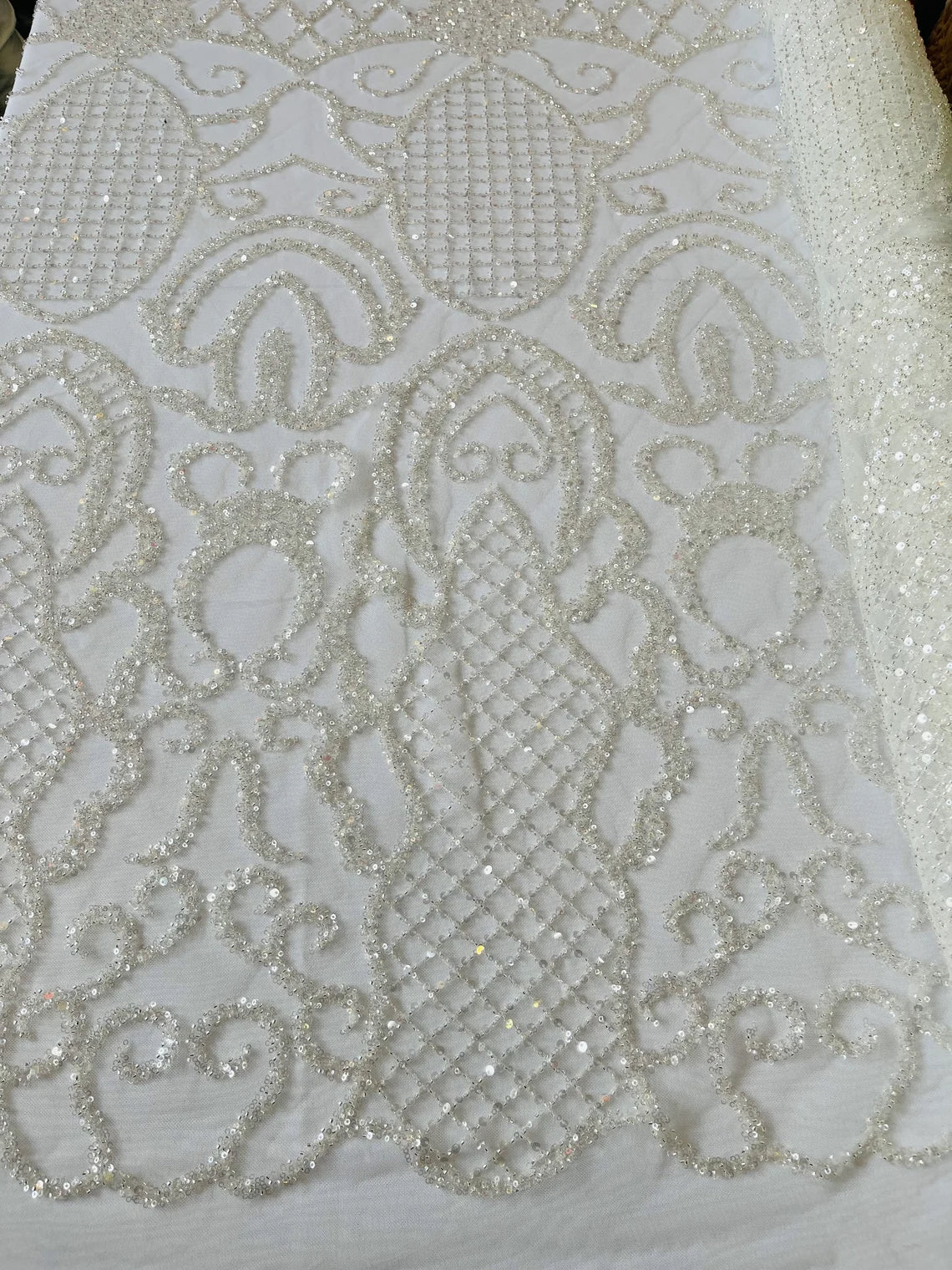 Beaded Fashion Design Fabric - Off-White - Beaded Embroidered Damask Style Fabric on Mesh By Yard