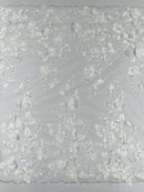 3D Floral Pearl Fabric - Off-White - Embroidered Floral Pearl Fabric Double Border On Mesh By Yard