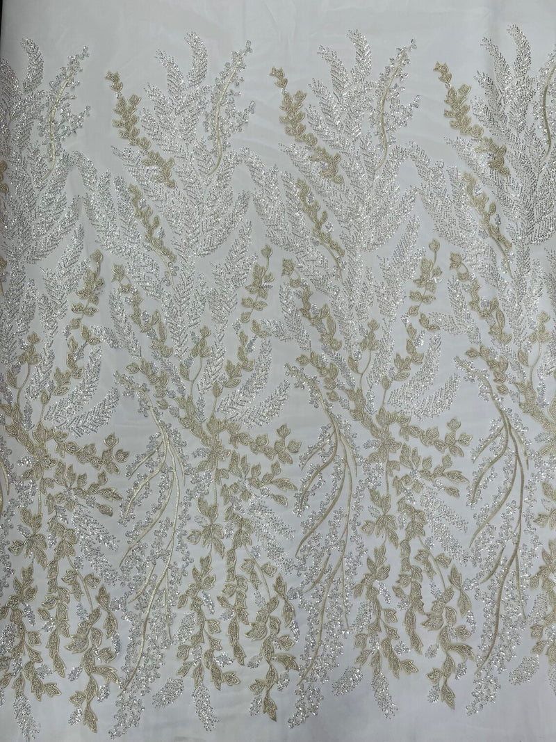 Floral Leaf Bead Sequins Fabric - Off-White - Leaf Nature Beaded Sequins Lace Fabric by the yard