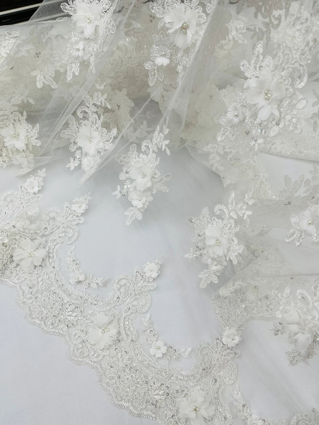 3D Floral Pearl Design - Off-White - Floral Embroidered Pearls and Sequins Fabric By Yard