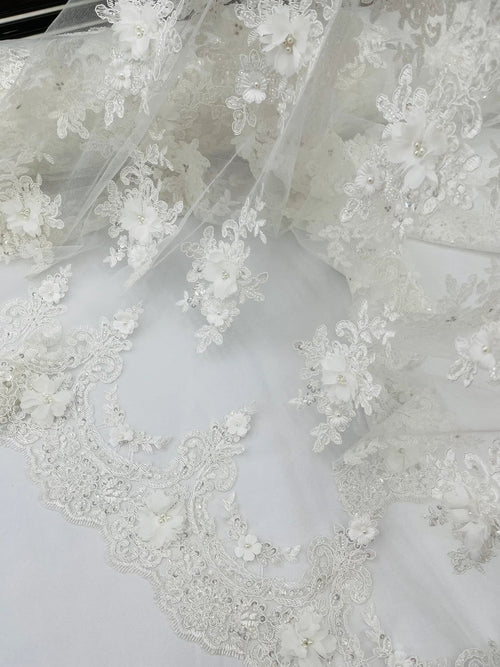 3D Floral Pearl Design - Off-White - Floral Embroidered Pearls and Sequins Fabric By Yard
