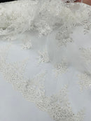 Beaded Floral Fabric - Off-White - Floral Cluster Design Fabric with Damask Border by Yard