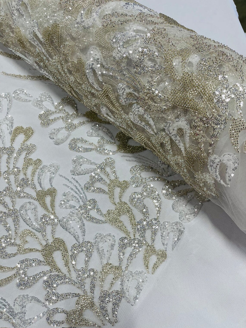 Fancy Wavy Leaf Bead Fabric - Off-White - Leaf Line Beaded Design Embroidered Mesh By Yard