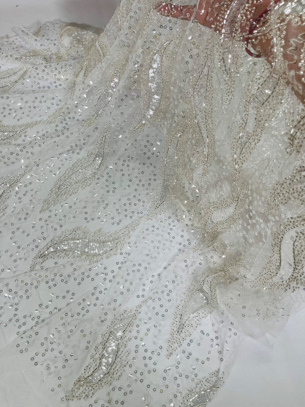 Beaded Fire Design Fabric - Off-White - Fire Flame Design Sequins and Beads on Mesh by Yard