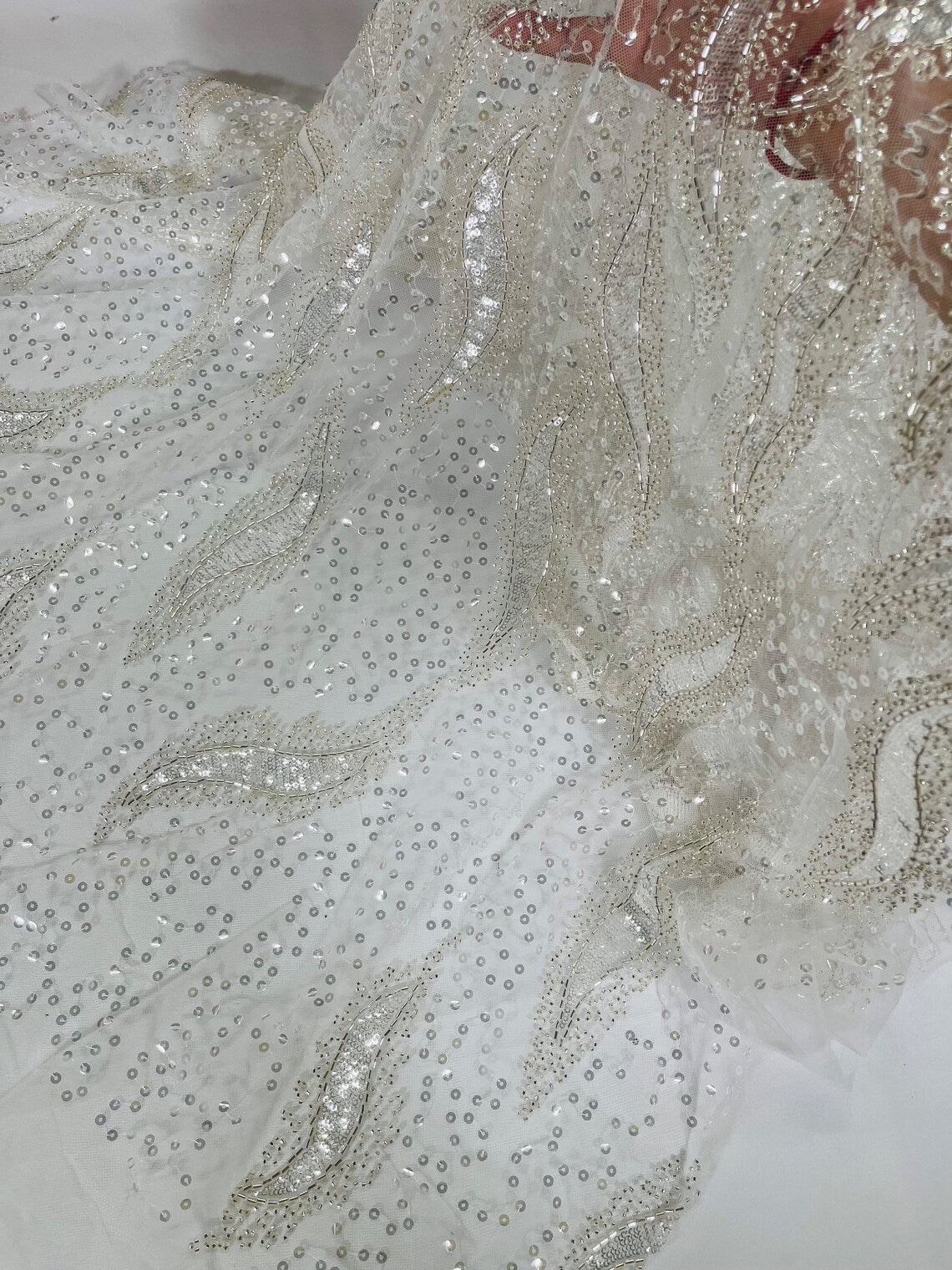 Beaded Fire Design Fabric - Off-White - Fire Flame Design Sequins and Beads on Mesh by Yard