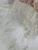 Beaded Fire Design Fabric - Off-White - Fire Flame Design Sequins and Beads on Mesh by Yard