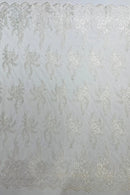 Long Leaf Designs Lace Fabric - Off-White - Embroidered Braid Leaf Pattern on Lace Mesh Fabric By Yard