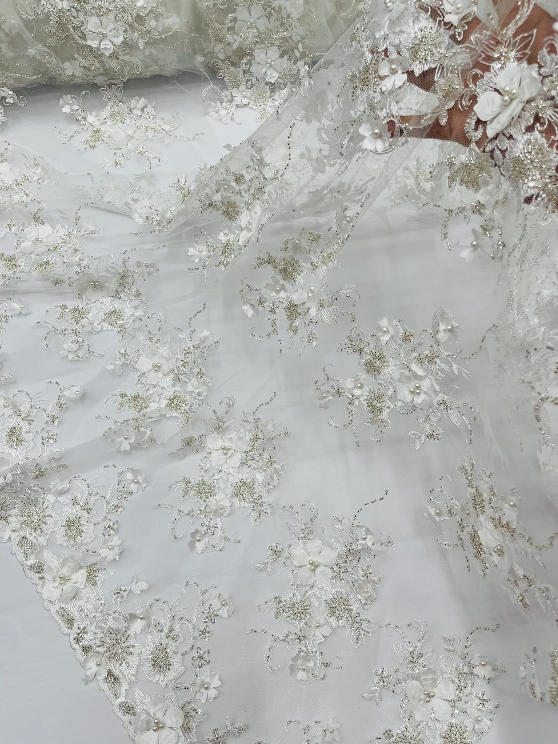 3D Flower Sequins Design - Off-White - Embroidered Pearl Sequins Floral Clusters Lace Fabric By Yard