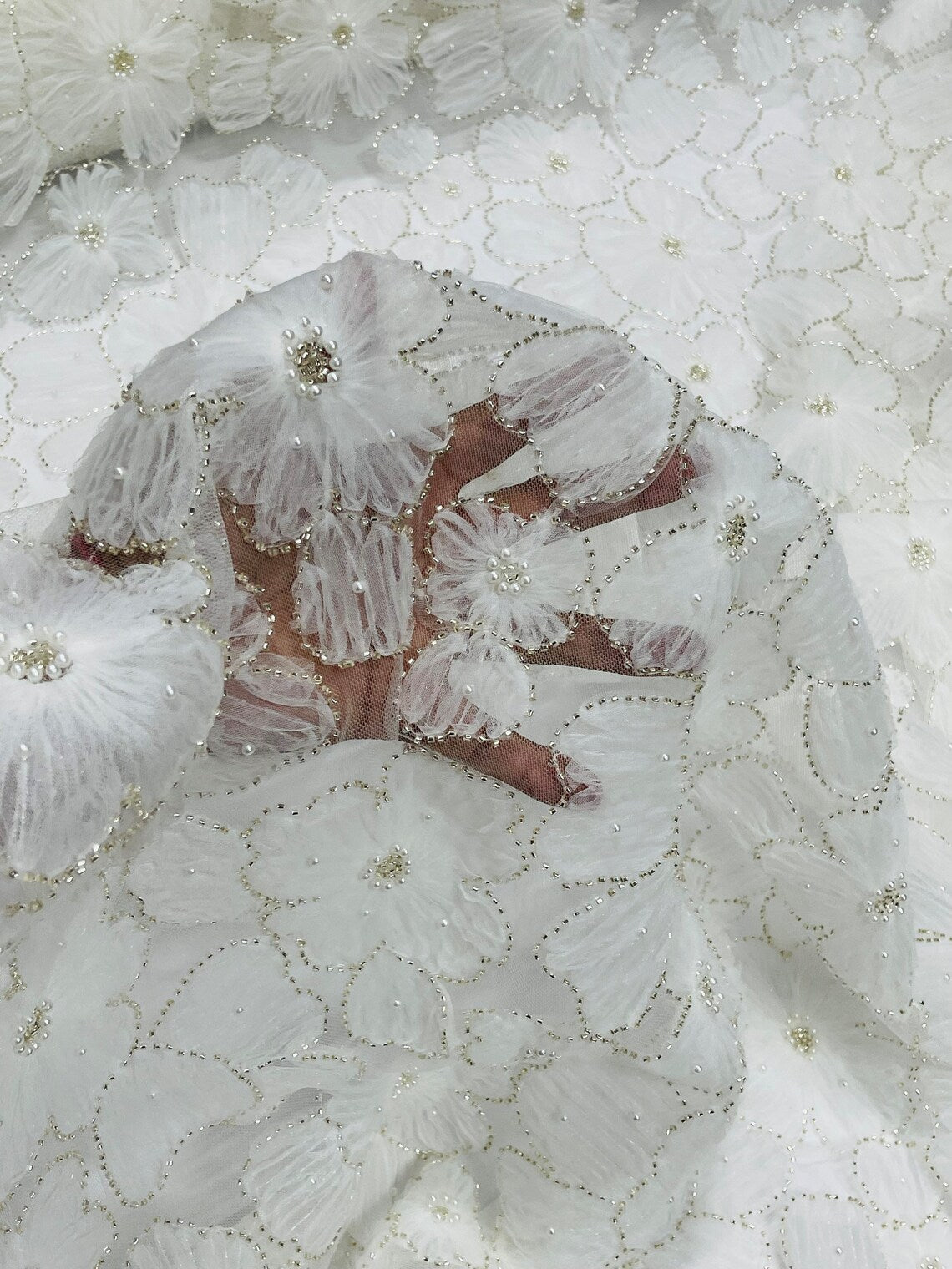 3D Tulle Floral Fabric - Off-White - Flowers Made on Mesh with Small Pearls and Beads Sold By Yard