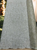 Beaded Flower Leaf Fabric - Off-White - Shiny Beads and Sequins in Flower Design on Lace by Yard