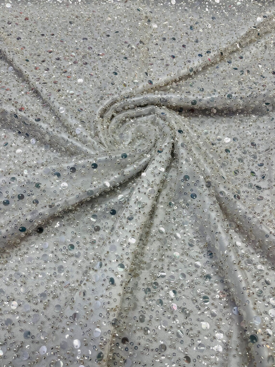 Heavy Duty Sequins Pearl Fabric - Off-White - Heavy Handmade Embroidery Lace with Sequins All Over By Yard