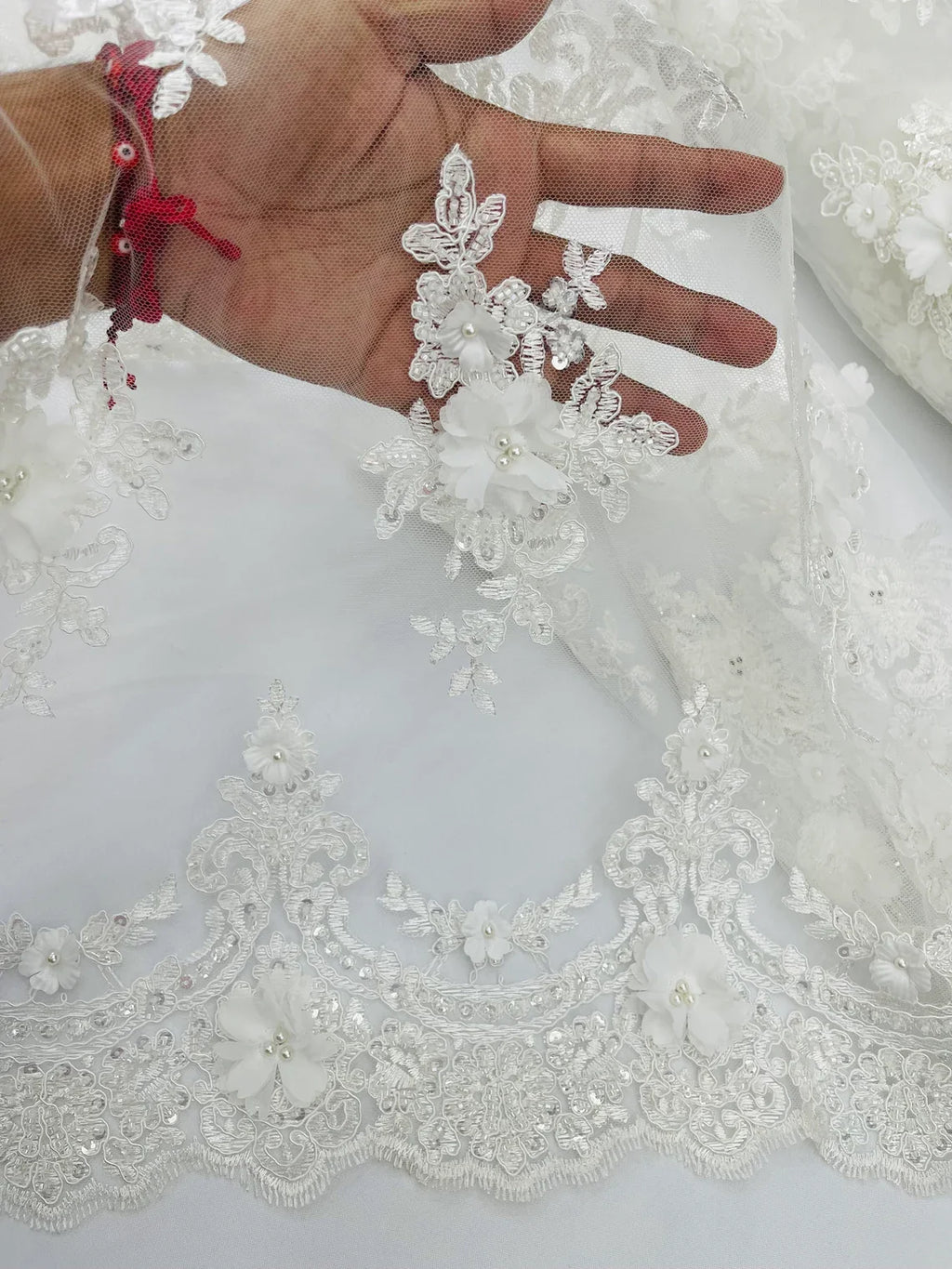 3D Floral Pearl Design - Off-White - Floral Embroidered Pearls and Sequins Fabric By Yard