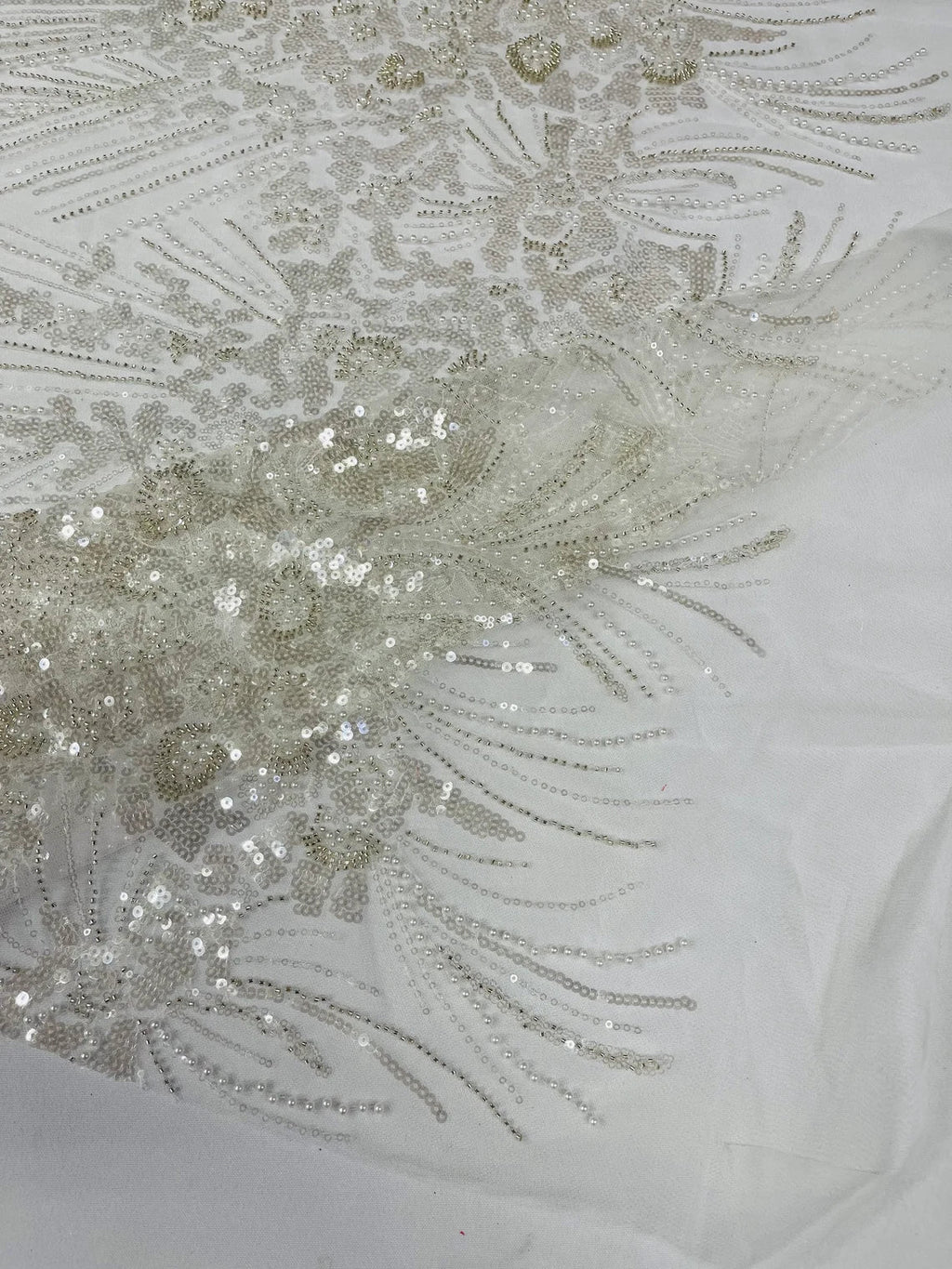 Beaded Floral Line Fabric - Off-White - Beaded Embroidered Lines and Flowers on Mesh By Yard