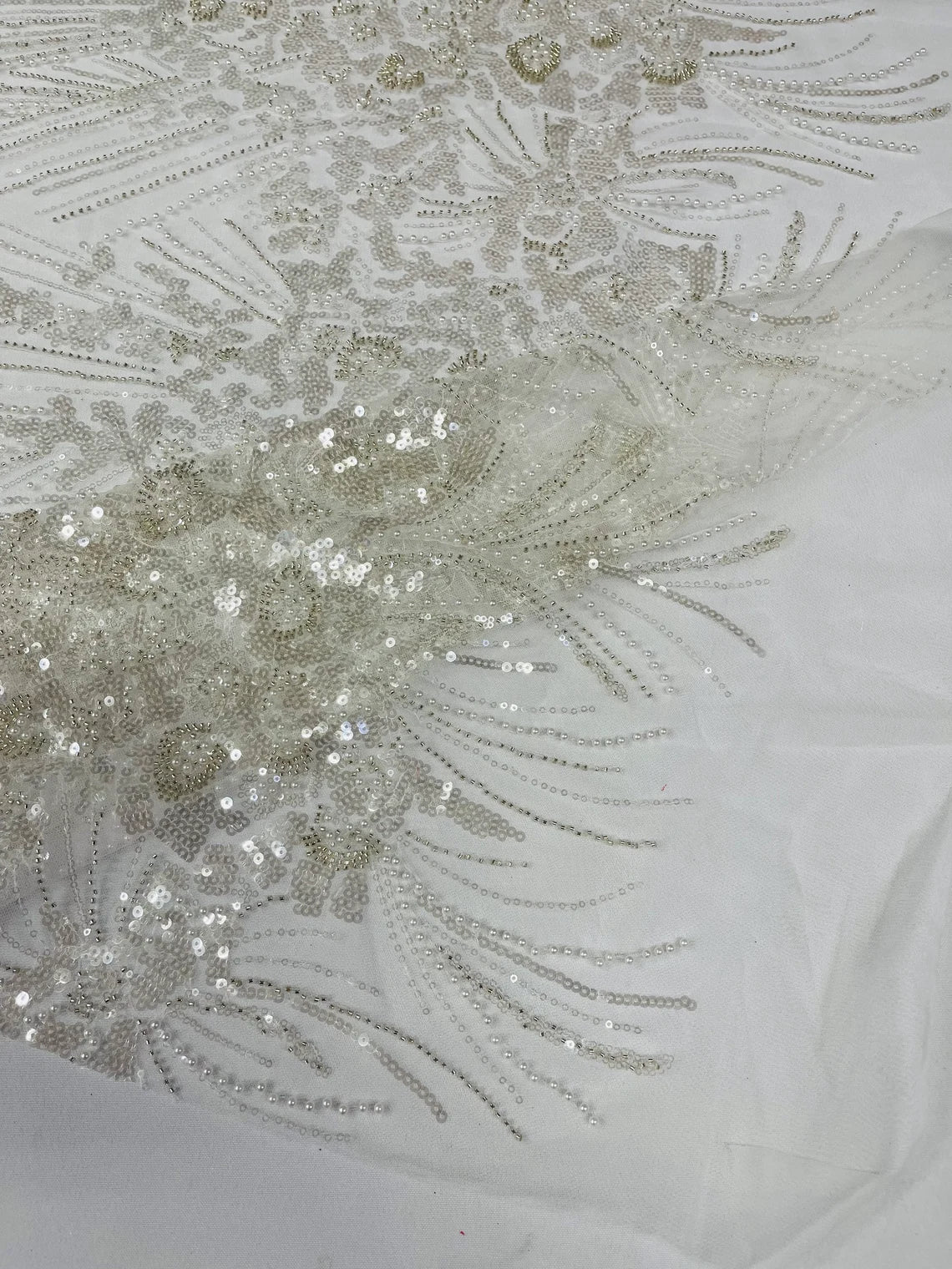 Beaded Floral Line Fabric - Off-White - Beaded Embroidered Lines and Flowers on Mesh By Yard