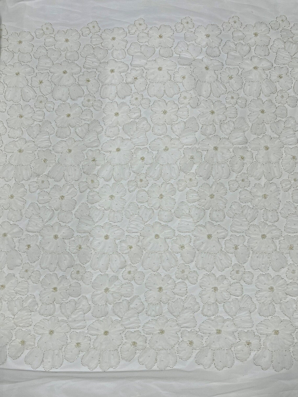 3D Tulle Floral Fabric - Off-White - Flowers Made on Mesh with Small Pearls and Beads Sold By Yard