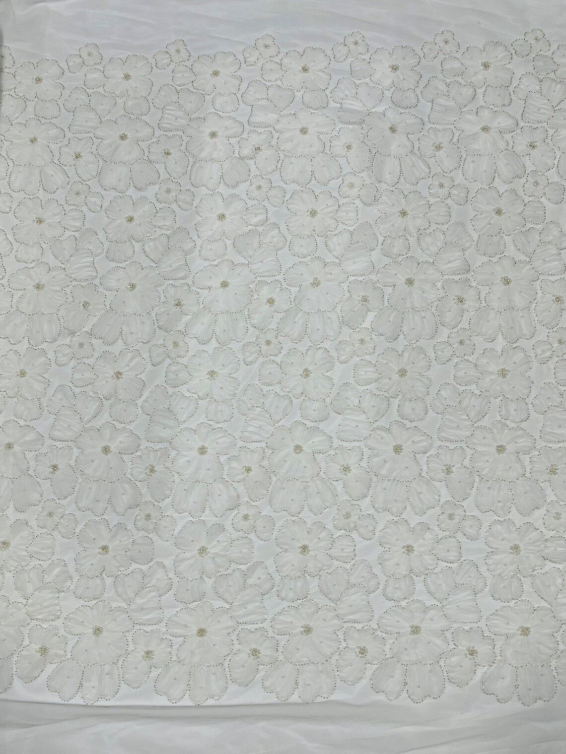 3D Tulle Floral Fabric - Off-White - Flowers Made on Mesh with Small Pearls and Beads Sold By Yard