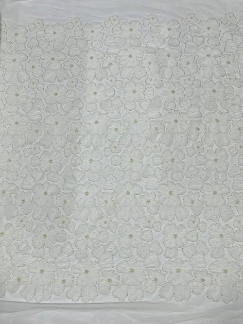 3D Tulle Floral Fabric - Off-White - Flowers Made on Mesh with Small Pearls and Beads Sold By Yard