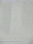 3D Tulle Floral Fabric - Off-White - Flowers Made on Mesh with Small Pearls and Beads Sold By Yard