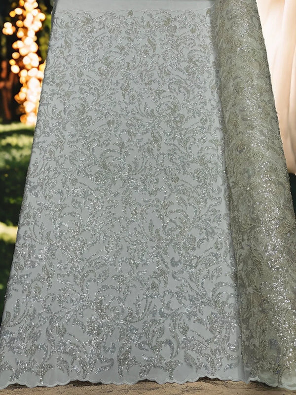 Beaded Flower Leaf Fabric - Off-White - Shiny Beads and Sequins in Flower Design on Lace by Yard