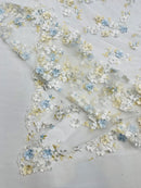 Multi-Color 3D Flower Fabric - Off-White - Multi-Tone 3D Flower Lace Fabrics Sold By Yard