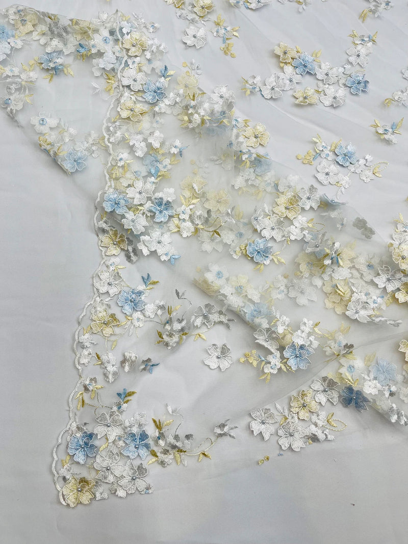 Multi-Color 3D Flower Fabric - Off-White - Multi-Tone 3D Flower Lace Fabrics Sold By Yard