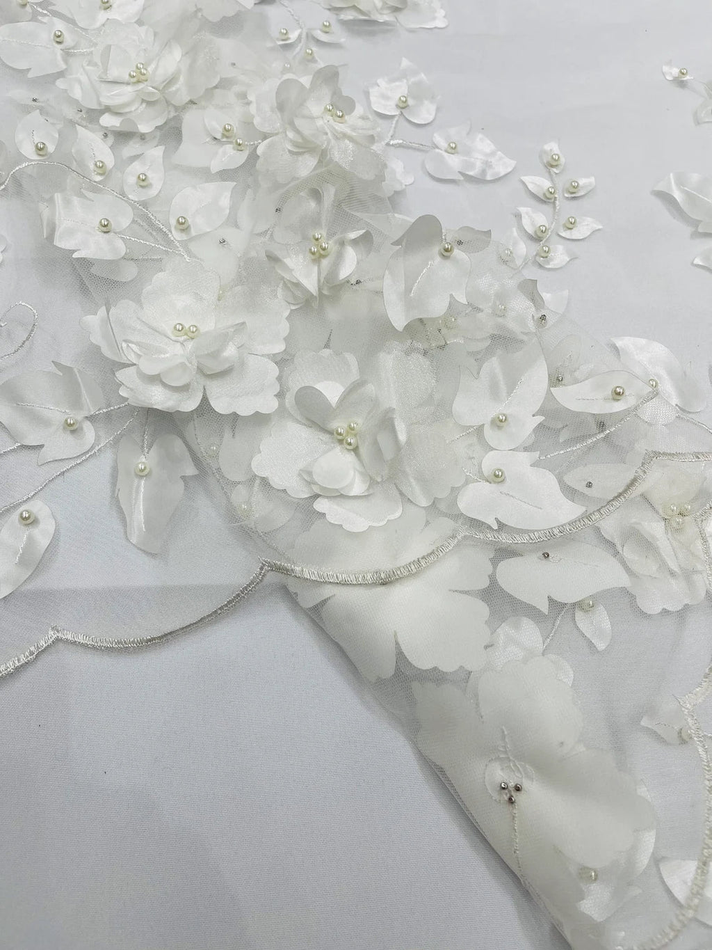 3D Floral Pearl Fabric - Off-White - Embroidered Floral Pearl Fabric Double Border On Mesh By Yard