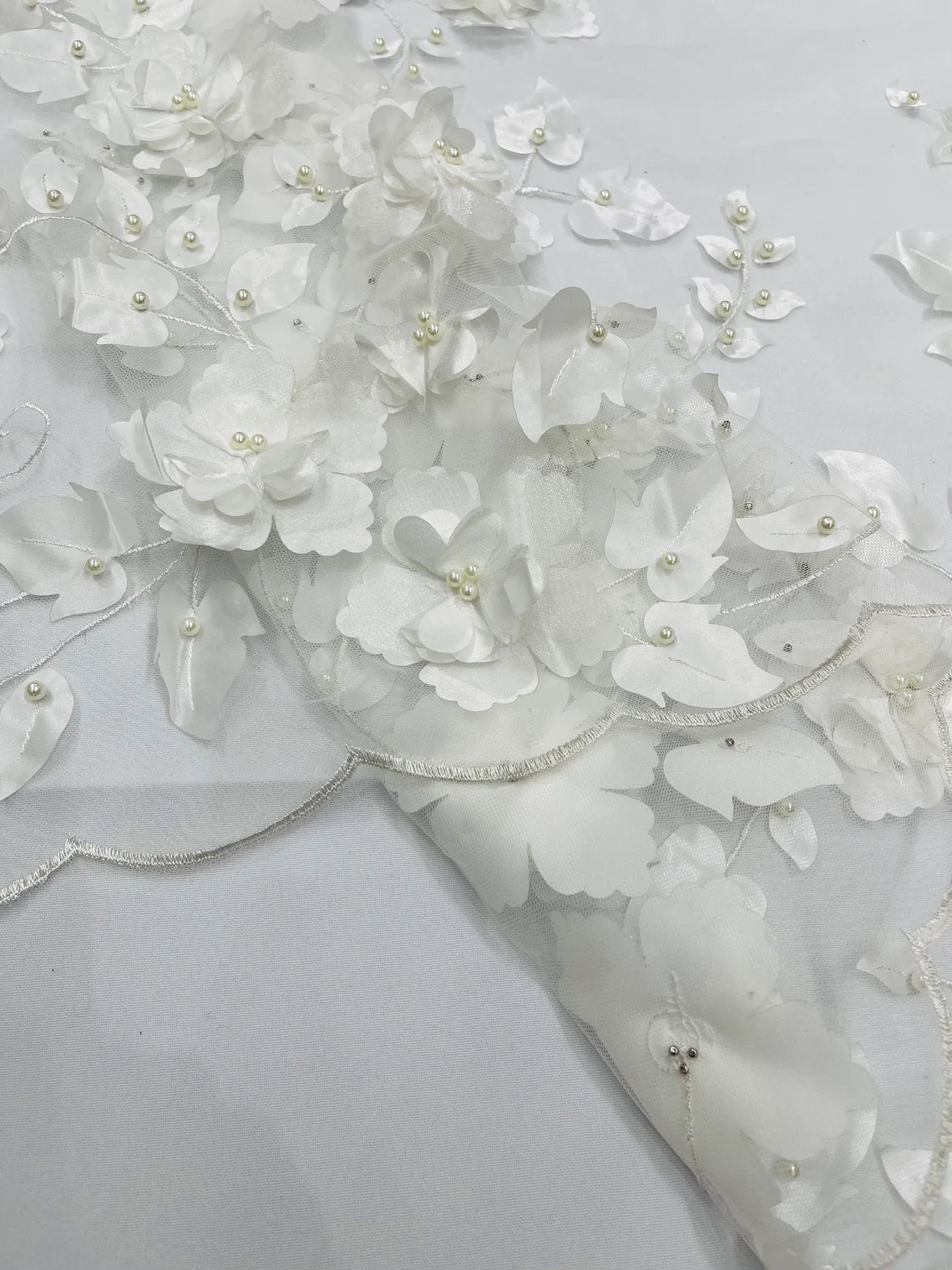 3D Floral Pearl Fabric - Off-White - Embroidered Floral Pearl Fabric Double Border On Mesh By Yard