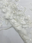 3D Floral Pearl Fabric - Off-White - Embroidered Floral Pearl Fabric Double Border On Mesh By Yard